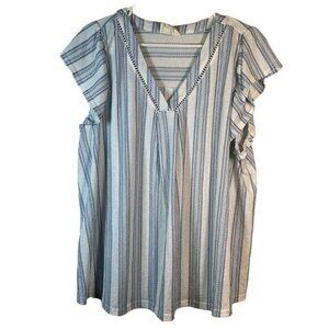Flower & Feather White Blue V-Neck S/S Bohemian Stripe Blouse Size 2XL #1308-AZ
